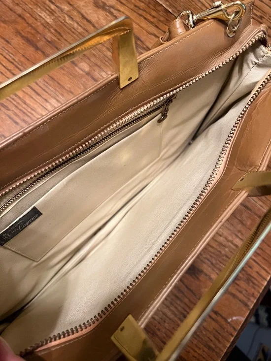 Vintage Caprice 1970’s Tan Leather Satchel with Multicolor Snakeskin Accent - Picture 7 of 12